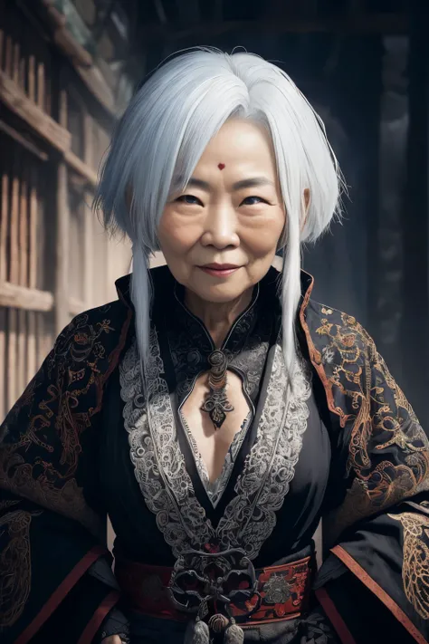 (extremely detailed 8k wallpaper), a medium photo of an old Asian woman with white hair from the necromancer Gerrary, intricate, with many details, dramatic