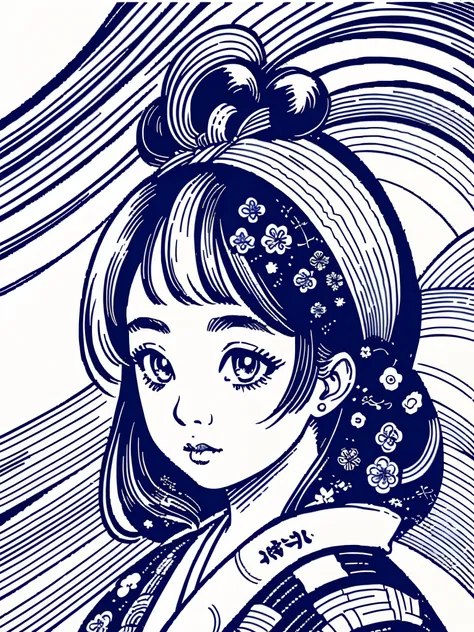 illustration of a traditional japanese girl, kimono, fancy hair, abstract and contemporary style, ((detailed and expressive eyes...