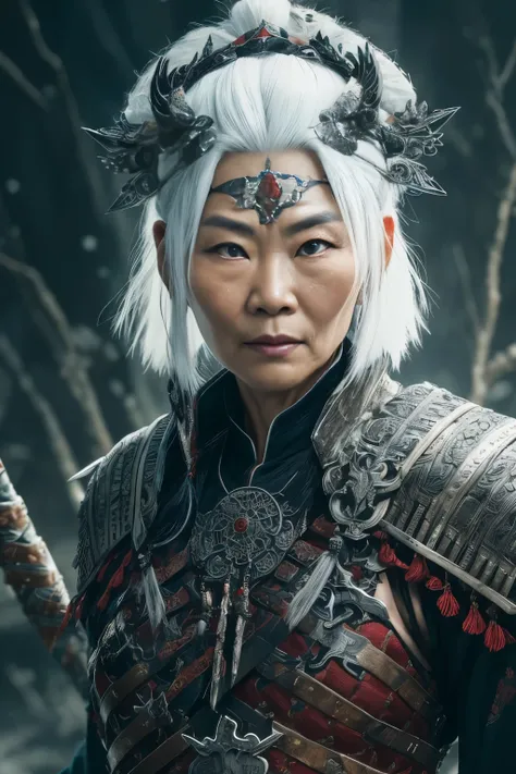 (extremely detailed 8k wallpaper), a medium photo of an old warrior Asian woman with white hair from the necromancer Gerrary, intricate, with many details, dramatic