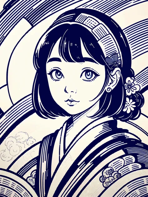 illustration of a traditional japanese girl, kimono, fancy hair, abstract and contemporary style, ((detailed and expressive eyes...