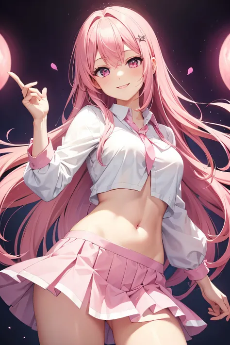 Pink haired goddess, wearing a white shirt and pink skirt, pink eyes, smiling beautifully, bellybutton visible