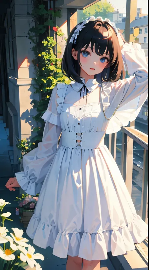 turn around，child，（masterpiece，Top quality)，White Lolita Clothes，black hair，Summer Classroom，Lakeside