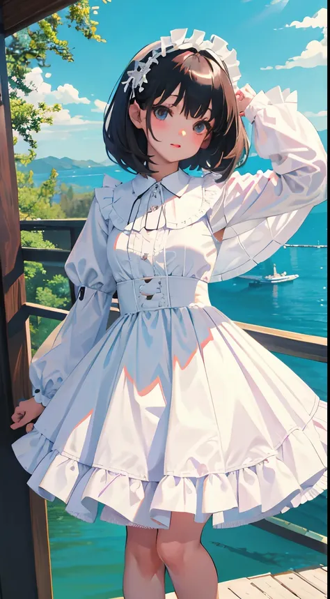 turn around，child，（masterpiece，Top quality)，White Lolita Clothes，mini skirt，black hair，Summer Classroom，Lakeside