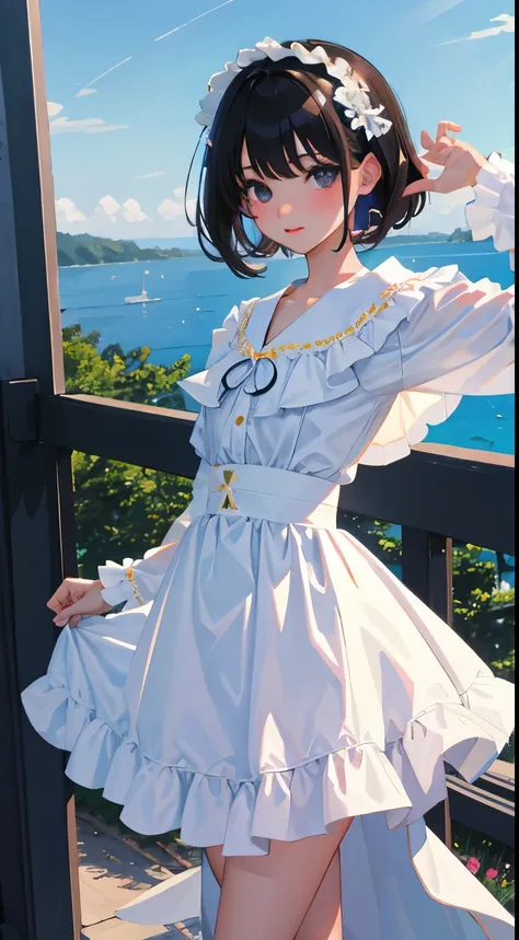 turn around，child，（masterpiece，Top quality)，White Lolita Clothes，mini skirt，black hair，Summer Classroom，Lakeside