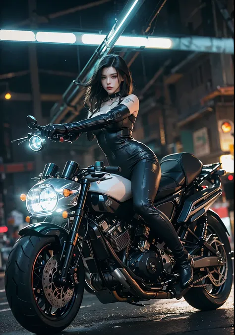 Huntress riding a high-tech motorcycle, Shoot high-tech artillery, Sparks from the gun, (1 female, brown eyes, white skin, Twin-tailed black hair, choker, small breasts, skinny, lip whole, compensate, eyeliner, Russia), Wearing black one-piece leather armo...