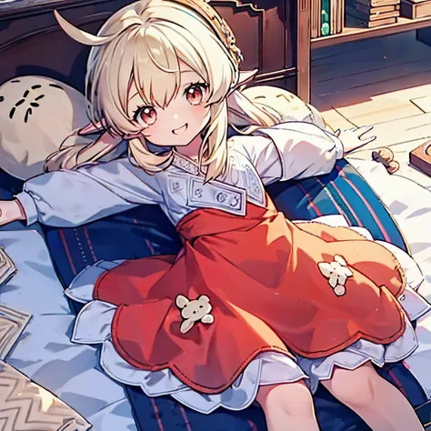 loli, child, flat chest, nude, naked, laying on the bed, on back, good eyes, happy, pointy ears, big smile, perfect body ratio,