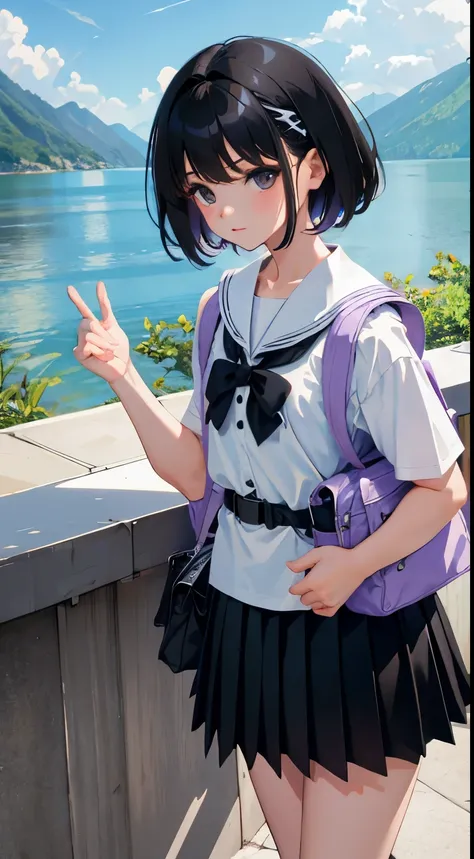 turn around，(child)，（masterpiece，Top quality)，Light Grape Pleated Mini Skirt，White rucksack，short sleeve，black hair，Summer Classroom，Lakeside