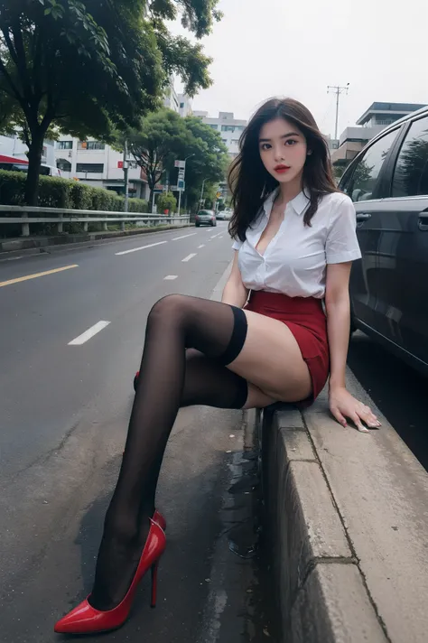 best quality, full body picture, delicate face, Beautiful face, Thai girl 16yo, Dark makeup, Sharp eyebrows, red lips, Slim shape, big breasts, office girl outfit, office clothes, sepia stockings, red stilettos, outdoor scene, In the middle of the road the...