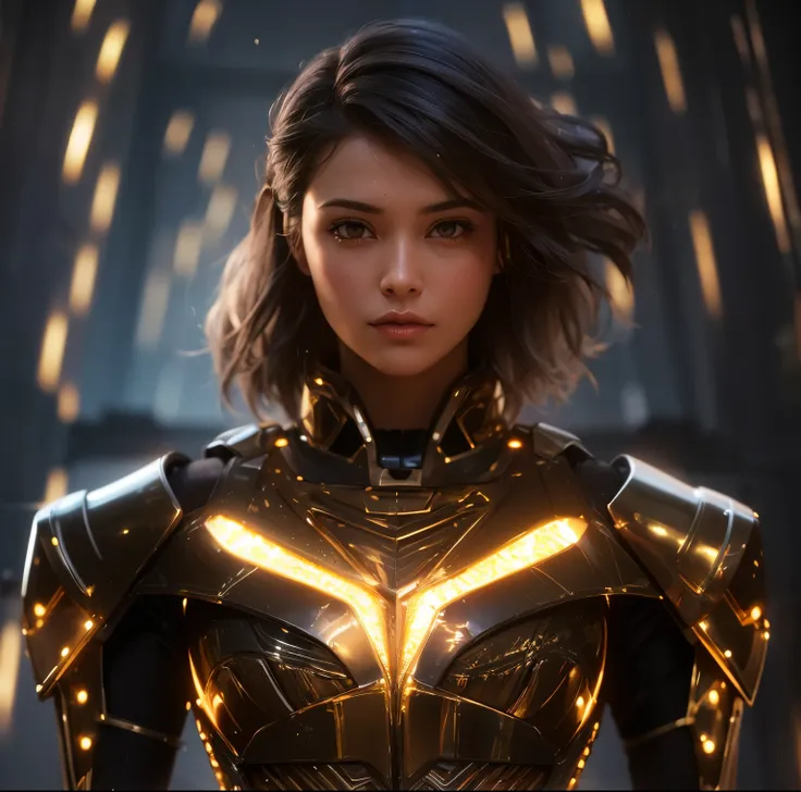 superhero girl with short black hair (((golden hair highlights::1))) in sci-fi suit steel tatical armor