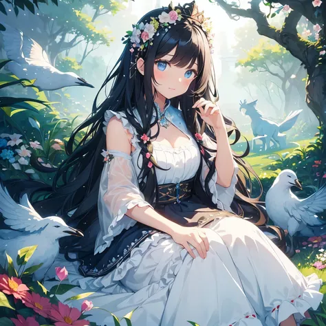 Create an illustration of a girl with long black hair and a floral crown, sparkling blue eyes, wearing a frilly dress. She is in a dreamy land full of flowers, surrounded by various animals, and is being blessed by them. The scene should have a beautiful a...