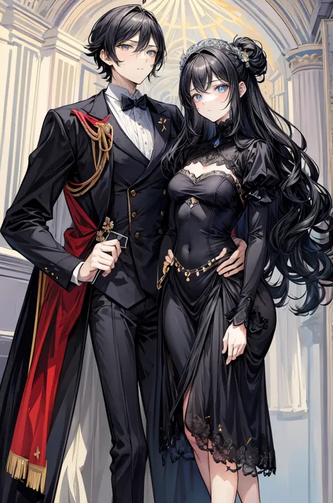 (flat color:1.1),(masterpiece:1.2), best quality, masterpiece, original, black silhouette figures of a royal man and woman