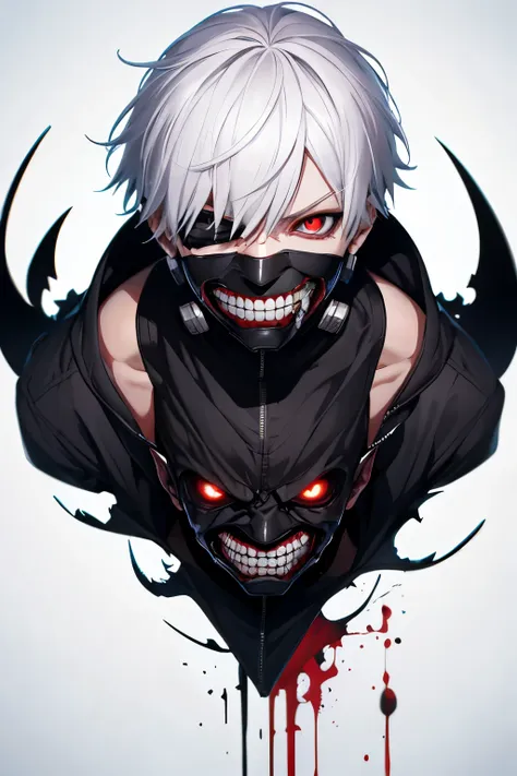 8k, anime, portrait, best quality, ultra high res, ultra detailed, high quality:1.4), (kaneki ken), white hair, red and black ey...