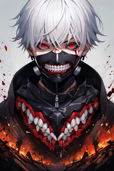 8k, anime, portrait, best quality, ultra high res, ultra detailed, high quality:1.4), (kaneki ken), white hair, red and black ey...