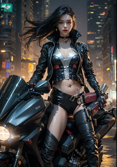 Huntress riding a high-tech motorcycle, Shoot high-tech artillery, Sparks from the gun, (1 female, brown eyes, white skin, Twin-tailed black hair, choker, small breasts, skinny, lip whole, compensate, eyeliner, Russia), Wearing black one-piece leather armo...