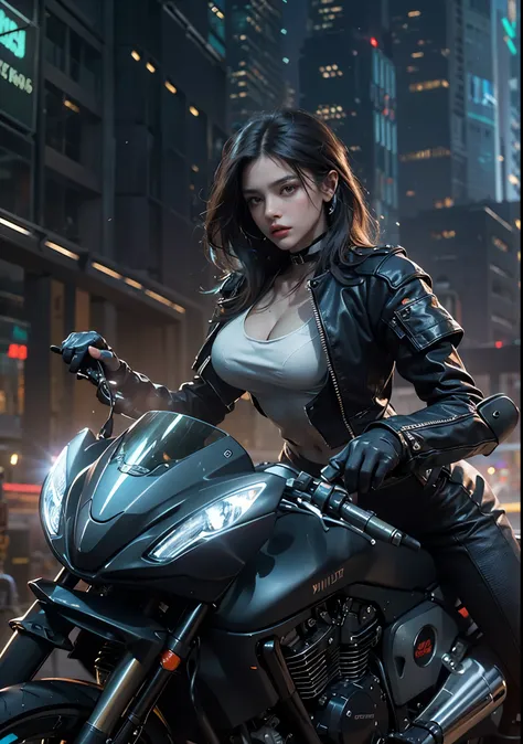 huntress riding a high-tech motorcycle, shoot high-tech artillery, sparks from the gun, (1 female, brown eyes, white skin, twin-...