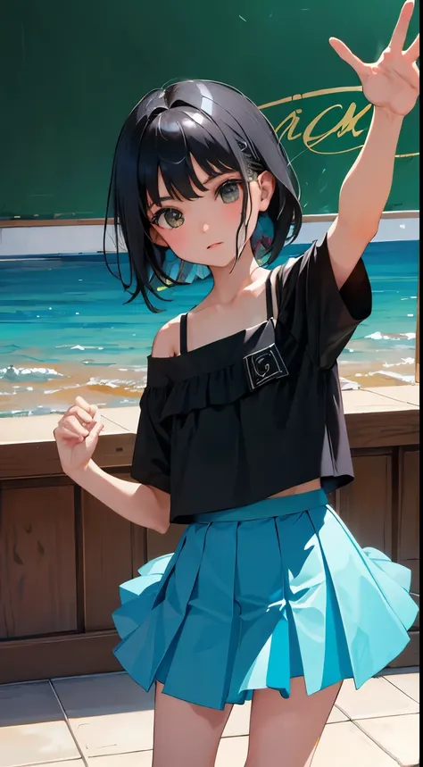 dance，(child)，（masterpiece，Top quality)，turquoise pleated mini skirt，short sleeve，black hair，Summer Classroom，Lakeside