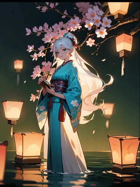 A girl in anime style clothing holding a blue ball, wearing a white and blue outfit, with white hair like a deity. The girl has beautiful detailed eyes and beautiful detailed lips. She is dressed in a traditional Japanese kimono. The kimono is made of high...