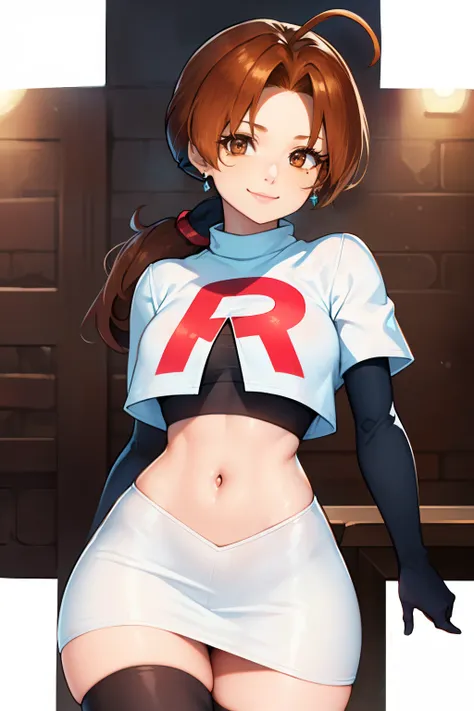deliaketchum, brown hair, (brown eyes:1.7), parted bangs, (ahoge:1.5), ponytail, low ponytail,glossy lips, light makeup, eye shadow, earrings ,team rocket,team rocket uniform, red letter R, white skirt,white crop top,black thigh-high boots, black elbow glo...