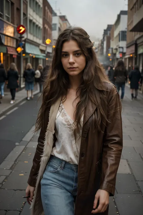 Using the six most commonly used texture maps ,create a photograph of a beautiful hippy woman, long messy hair, walking through a quiet city, add in smoke ,create an atmosphere of mystery, add an expression on her face to match the theme, diffuse all the c...