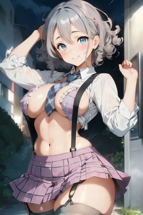 (gray hair:1.2),(thick curly hair:1.4),(short curly hair:1.3),(with blue eyes:1.25),blush,(Shirtless suspenders:1.2),(Pink plaid tie:1.2),(Skirt with suspenders:1.3),(Flare skirt with lots of frills:1.2),(high sock loafers:1.2),(Beautiful breasts spilling ...