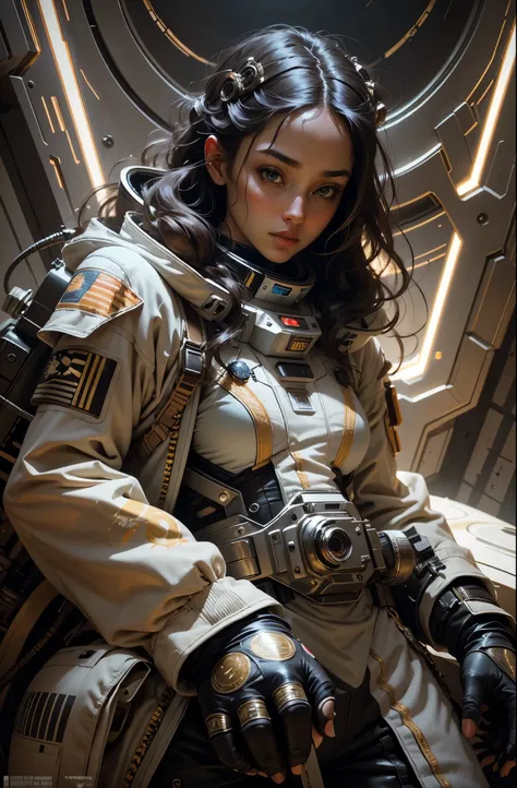 Stunning female in space suit, sci-fi, extremely beautiful piercing eyes, cinematic scene, hero view, action pose, scenery, detailed background, masterpiece, best quality, high quality, intricate, absurdres, very detailed, extremely high resolution, 8k, vi...