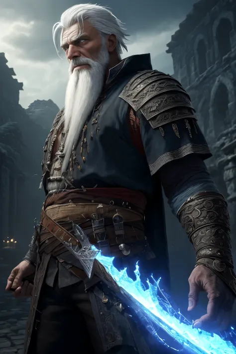 (extremely detailed 8k wallpaper), a medium photo of an old man warrior with white hair from the necromancer Gerrary, intricate, with many details, dramatic