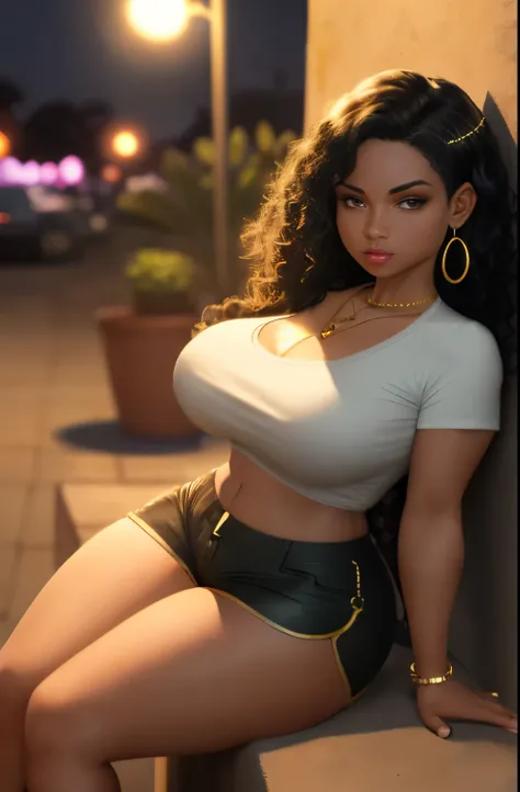 Jasmine a light tan-skinned Latina woman with long, curly black hair. She wears a pink short sleeved shirt, dark green shorts, white shoes and a golden hoop earring with a diamond-like shape on her right ear. She also wears a necklace with a black string a...