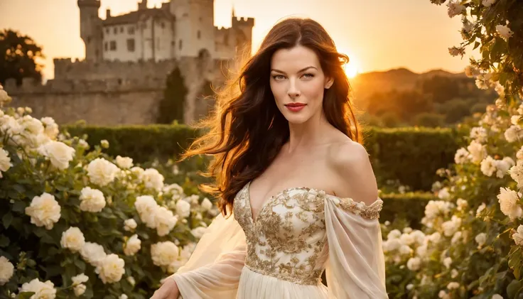 Graceful and fluttering nymph, "Liv Tyler com vestido branco longo e detalhado", olhos brilhantes, pele radiante, cabelos dourados, sorriso encantador, in a garden full of flowers and with a castle in the background with a beautiful sunset. 