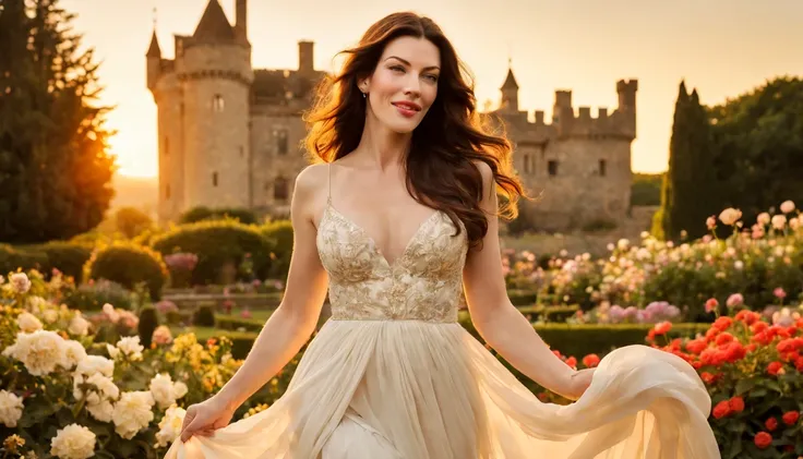 Graceful and fluttering nymph, "Liv Tyler com vestido branco longo e detalhado", olhos brilhantes, pele radiante, cabelos dourados, sorriso encantador, in a garden full of flowers and with a castle in the background with a beautiful sunset. 