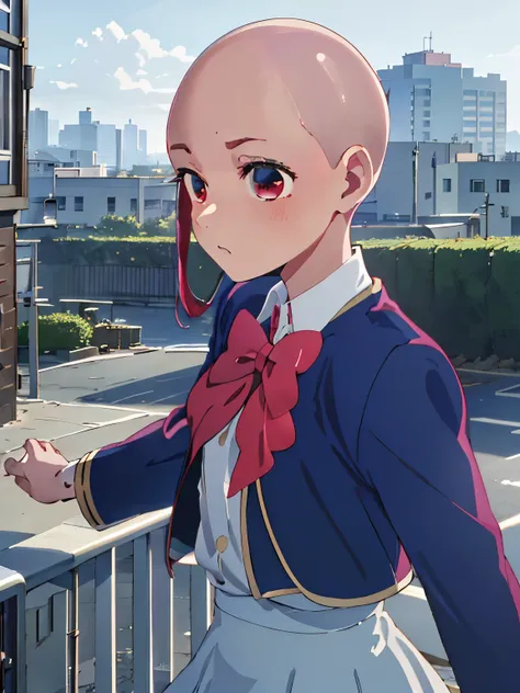 (masterpiece, best quality, highres),
arima kana (oshi no ko), red eye 
Blue school_uniform, pink_red bowtie, blue_jaket, miniskirt, upper body, standing, outdoor, city, bald head, bald, (bald:1.0)