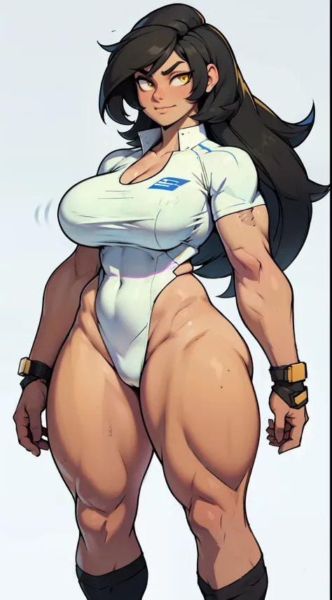 girl solo standing (((muscular girl toned body large breasts thick))) yellow eyes black hair pale skin perfect anatomy perfect anatomy perfect anatomy best quality best quality