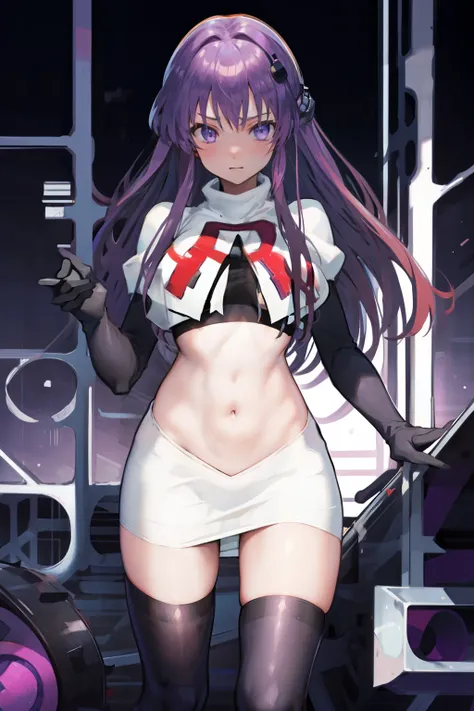 1girl,purple sister chaos,solo,
large breasts, 
standing,cowboy shot, 
team rocket,team rocket uniform, red letter R, white skirt,white crop top,black thigh-highs, black elbow gloves,