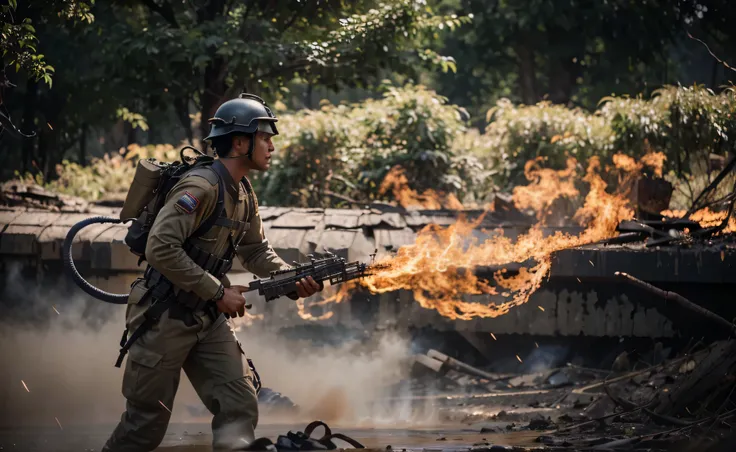 male soldier, Cambodian face, metal military helmet, very dark blue Soviet style military uniform, Belt with ammunition, he carries metal tanks on his back, tubes and cables, they hold a flamethrower, the flamethrower expels fire, he is in the jungle , a l...