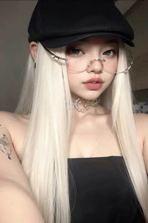 blonde woman with piercings and black hat posing for a photo, Cabelo branco comprido and bangs, with Cabelo branco comprido, com cabelos longos brancos, cabelos brancos intensos, o cabelo dela branco, cruel korean goth girl, garota de cabelos brancos perfe...