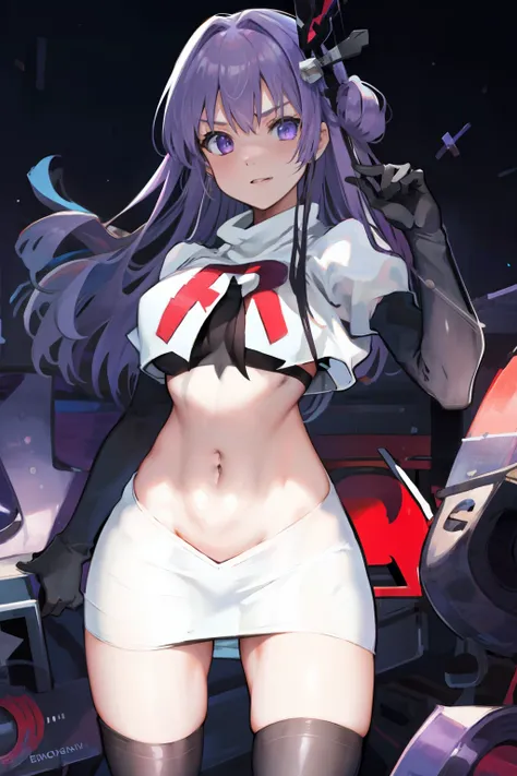 1girl,purple sister chaos,solo,
large breasts, 
standing,cowboy shot, hair ornament,
team rocket,team rocket uniform, red letter R, white skirt,white crop top,black thigh-highs, black elbow gloves,