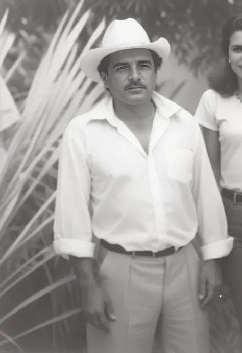 Hombre arafed con camisa blanca y sombrero parado junto a una mujer, luis nieves sr, carlos ortega elizalde, en 1 9 8 5, victor maristana, julio lacerda, historical image, heraldo ortega, jose miguel permanece frances, taken in the late 1980s, foto histori...