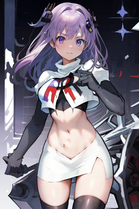 1girl,purple sister chaos,solo,
large breasts, 
standing,cowboy shot, hair ornament,
team rocket,team rocket uniform, red letter R, white skirt,white crop top,black thigh-highs, black elbow gloves,