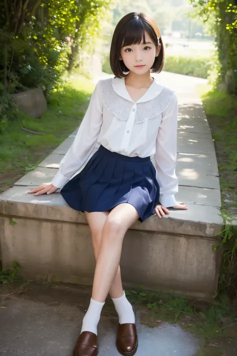 (masterpiece,highest quality,ultra high resolution),japanese woman, Very beautiful 9 year old girl, naive girl、(perfect limbs、perfect anatomy),(bob hair)、blouse、navy blue skirt、pure white、Shining beautiful skin、Moist eyes、Brown glittery hair、Colors and lan...