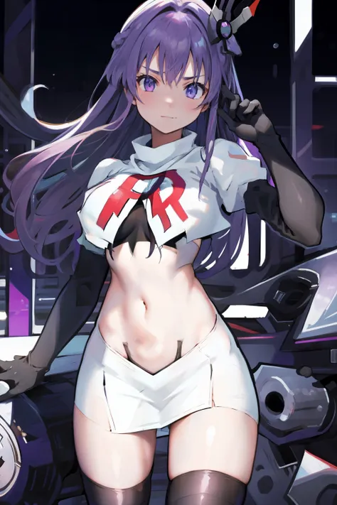 1girl,purple sister chaos,solo,
large breasts, 
standing,cowboy shot, hair ornament,
team rocket,team rocket uniform, red letter R, white skirt,white crop top,black thigh-highs, black elbow gloves,