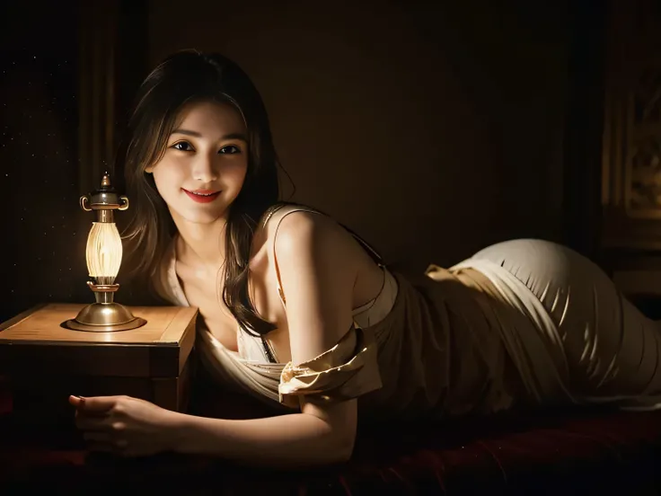 female mathematician,Ancient Greek costumes,Astronomical machinery,antique,A smile,,Sweet and seductive appearance.、Caravaggios paintings、Chiaroscuro of Caravaggio,,Cute smile, Expression of ecstasy,erotic,A sexy