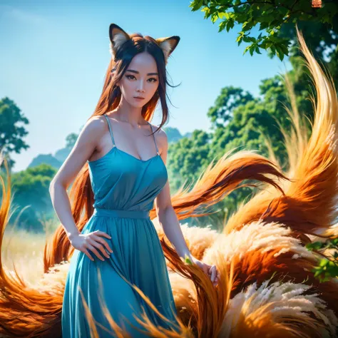 (best quality,4k,8k,highres,masterpiece:1.2),ultra-detailed, Chinese fox spirit, blue sundress, HDR, 8k, absurdres, cinestill 800, sharp focus