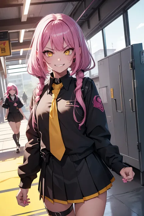 (1Girl, (Badass), Slutry, smile, Bully, Tattoo, Pink Hair,(Yellow eyes), Wearing (Black) School Uniform), (In a School Corridor)