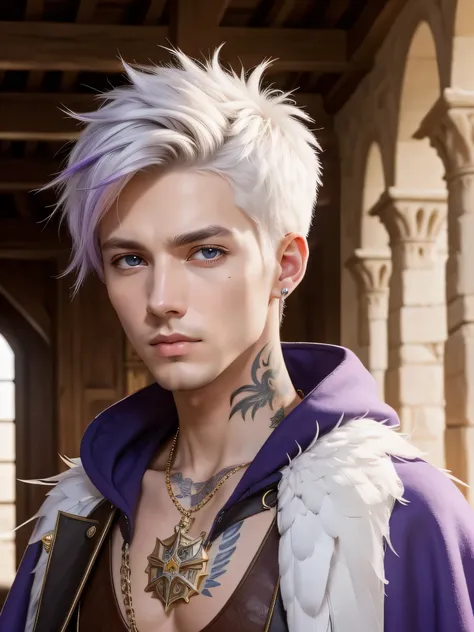 the highest quality, detailed image, colorful, vivid colors, solo, detailed face, male, white short spiky hair, lean and thin, medieval adviser, inside old castle, glossy tan brown skin, cloak, gilded, royal, lavender accents, white feathers, desert theme,...