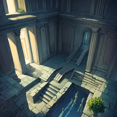 (masterpiece, highest quality:1.5), disorganized, obsolete intricate details, 8K, fantasy , perspective from above, corner, stone brick stairs, stairs with gap, Ruins-like stairs, stone brick wall, there are no humans,a little fog, cloud, water, scenery, S...