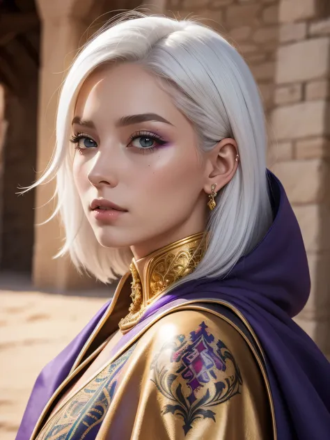 the highest quality, detailed image, colorful, vivid colors, solo, detailed face, female, white hair, medieval scholar, inside old castle, glossy tan brown skin, cloak, gilded, royal, lavender accents, white feathers, desert theme, tattoos,