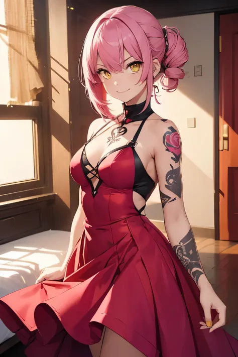 (1Girl, (Badass), shy smile, Tattoo, Pink Hair, (Yellow eyes color), Wearing a (Red) dress), (In a mannor room)