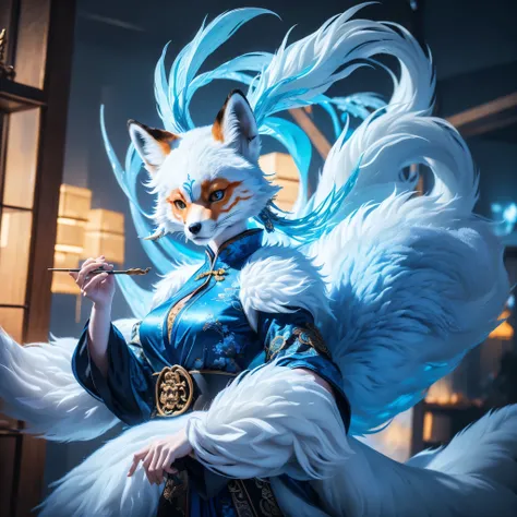 (best quality,4k,8k,highres,masterpiece:1.2),ultra-detailed, chinese fox spirit su daji, blue traditional chinese dress, hdr, 8k...