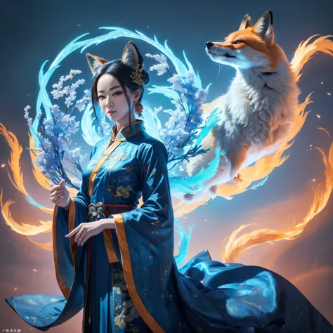 (best quality,4k,8k,highres,masterpiece:1.2),ultra-detailed, chinese fox spirit su daji, blue traditional chinese dress, hdr, 8k...