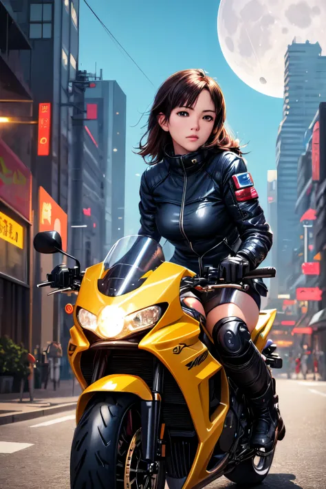 ((best quality)), ((masterpiece)), (detailed), perfect face, best quality, masterpiece, colour anime, 4K, realistic, highly detailed, 1girl riding motobike, techwear, cyberpunk city, solo, futuristic, huge moon in the background, by Katsuhiro Otomo,
