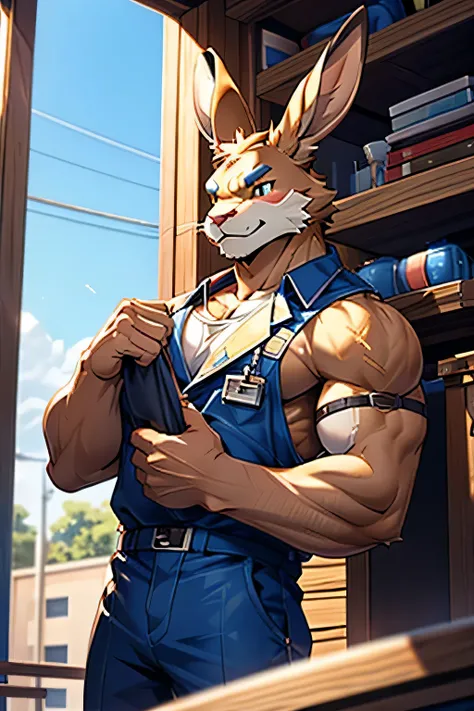 fit, anthropomrphic, jackalope man, mechanic, working on a truck